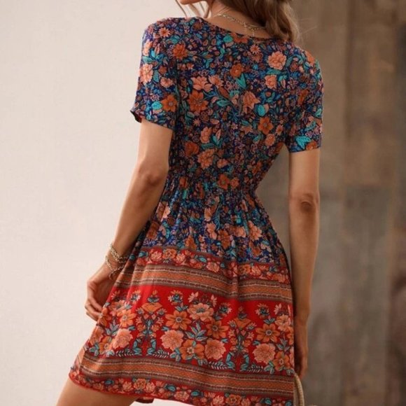Boho Floral Multi color Surplice Neck Mini Dress - Picture 3 of 7